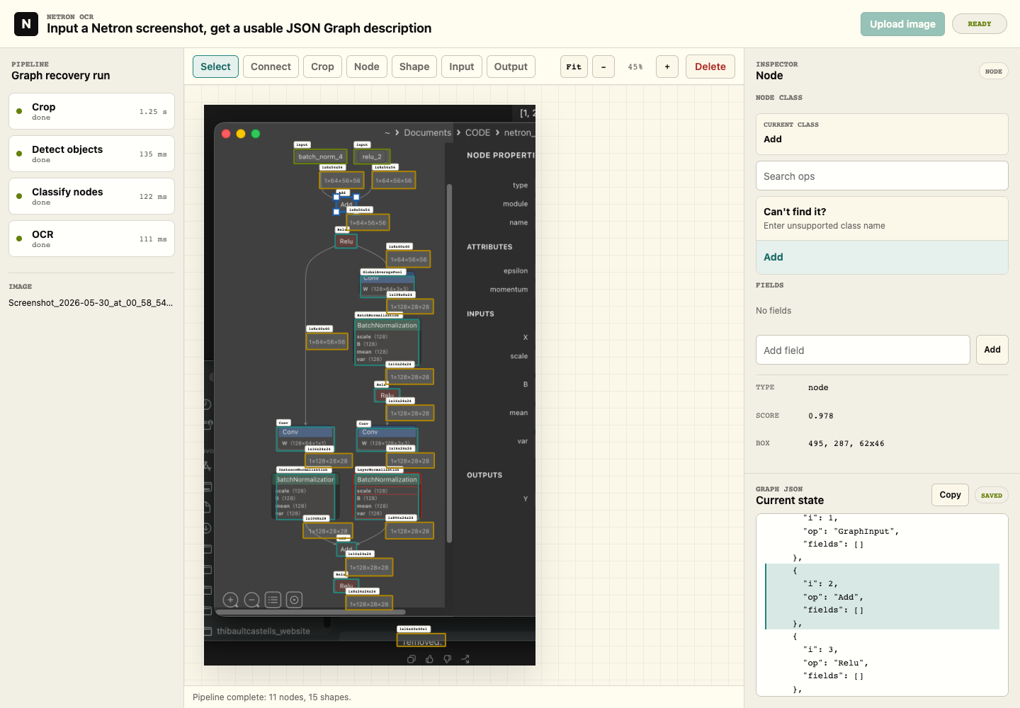 Netron OCR workbench showing detected nodes and tensor shapes over a source graph, with editable controls and graph JSON.