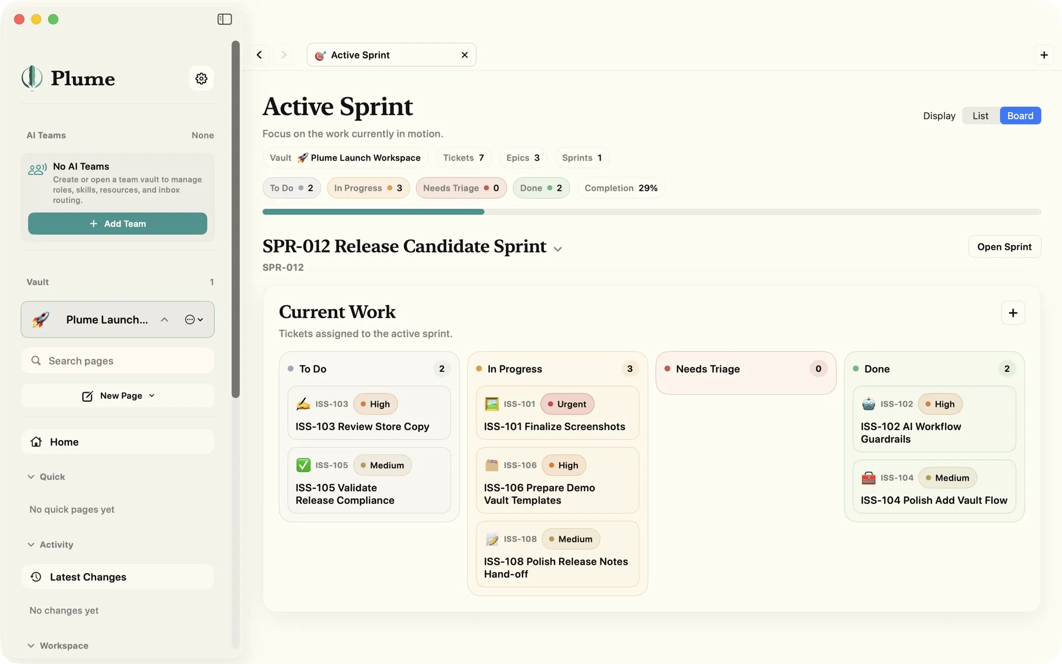 Plume active sprint board showing AI workflow tickets across todo, in progress, needs triage, and done.