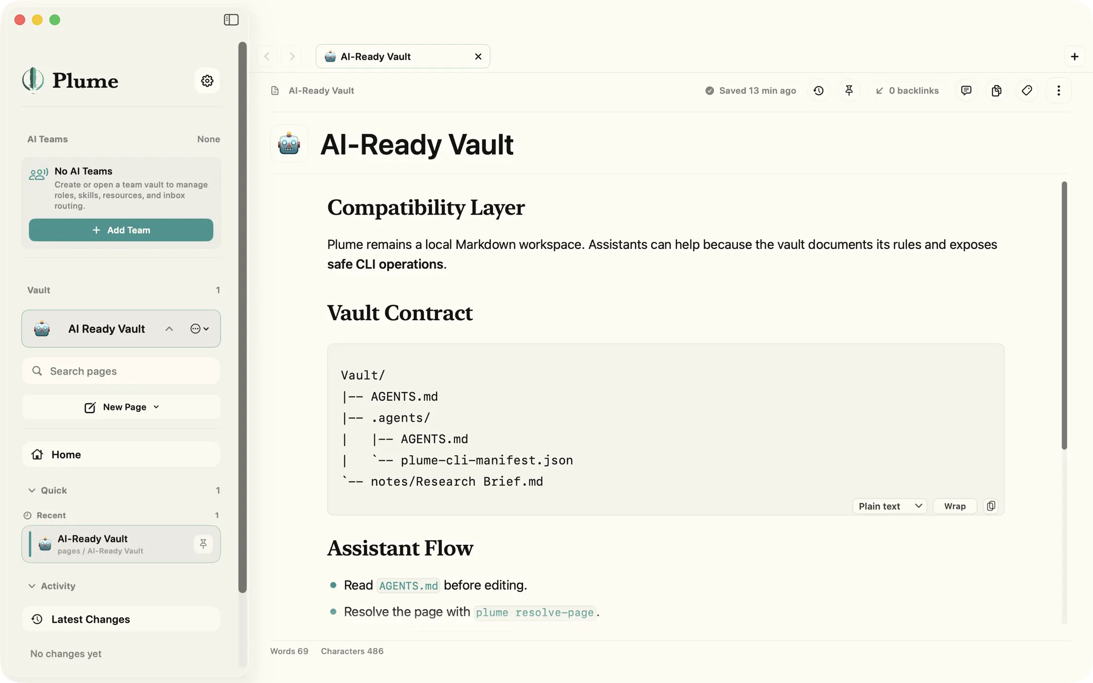 Plume local Markdown vault explaining its AGENTS.md contract and safe CLI workflow.