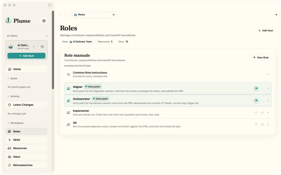 Plume AI Delivery Team workspace showing shared role manuals and navigation for Skills, Resources, and Inbox.